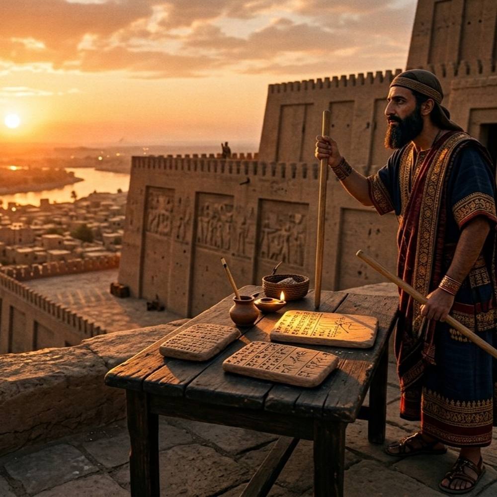 Escriba no topo de um zigurate durante o pôr do sol observando o horizonte, fazendo medições e anotando nas tabuletas de argila sobre a mesa