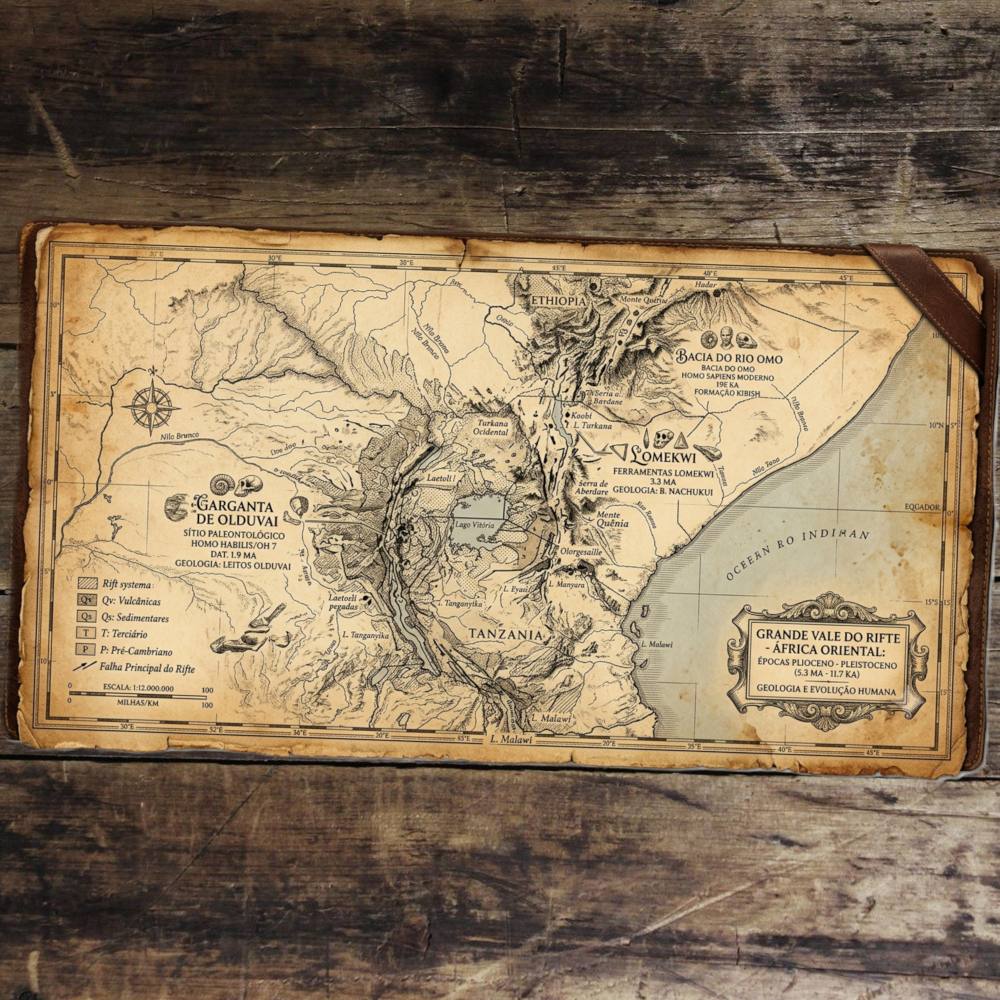 Mapa: o Grande Vale do Rifte na África Oriental, destacando os principais sítios paleontológicos como a Garganta de Olduvai, Lomekwi e a bacia do rio Omo.
