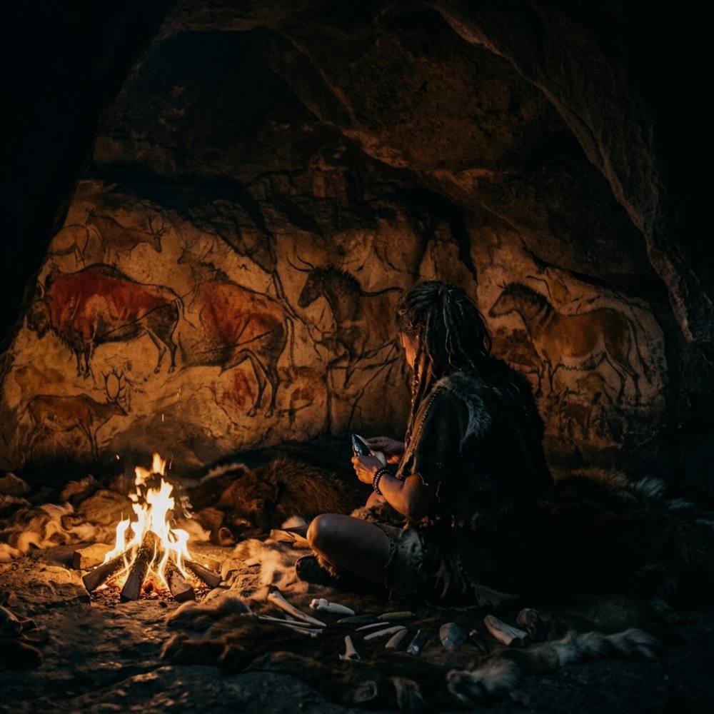 No interior de uma caverna durante o Paleolítico Superior à noite, uma mulher Homo sapiens esculpe uma estatueta de marfim com ferramentas de sílex, enquanto as paredes de rocha ao fundo exibem pinturas naturalistas de bisões em tons de ocre e carvão.