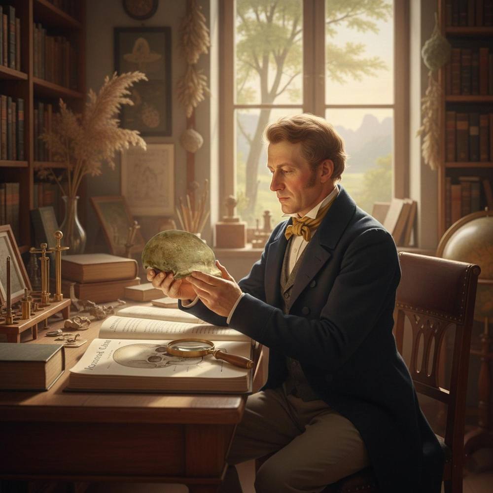 Johann Carl Fuhlrott — professor de ciências naturais analisando a calota craniana do primeiro neandertal identificado.